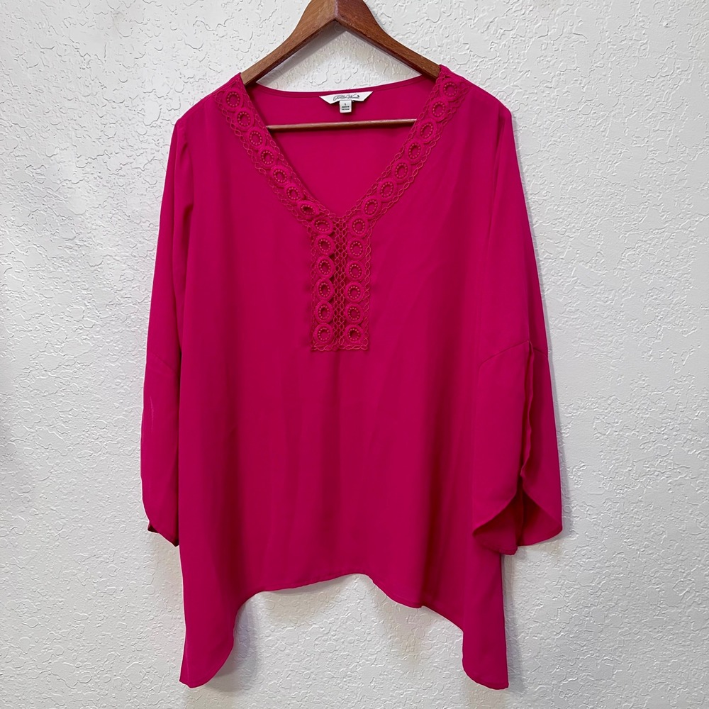 The Pioneer Woman Fuschia Crochet V-Neck Sharkbite Hem Blouse Boho Large - Picture 2 of 7
